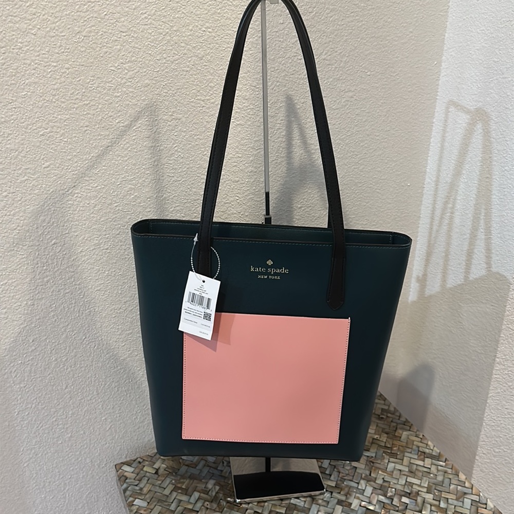 EUC kate spade Colorblock Pink and Green Tote with pink dust bag - Picture 2 of 6